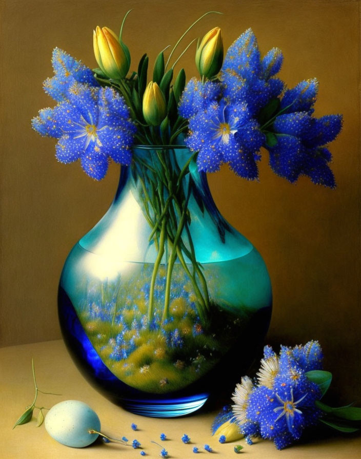 Blue Glass Vase with Yellow Tulips and Blue Flowers Still Life Painting