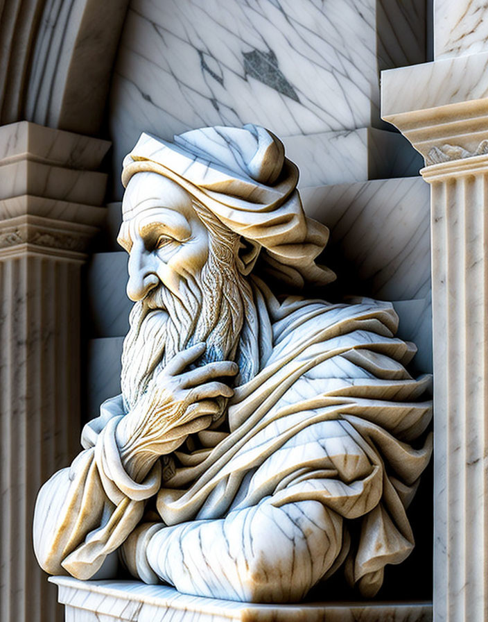 Marble statue of bearded man with turban and classical columns