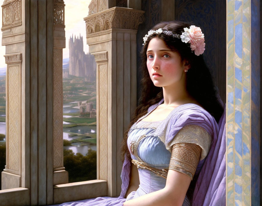 Woman with Floral Headpiece Contemplating by Window in Fantasy Landscape