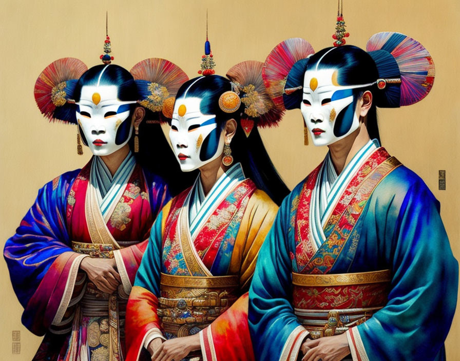 Three individuals in traditional Asian attire with elaborate headpieces and white face makeup.