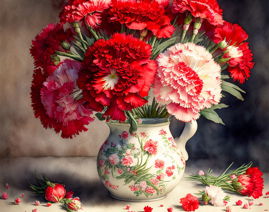 Red and Pink Carnations in Floral Vase with Scattered Petals