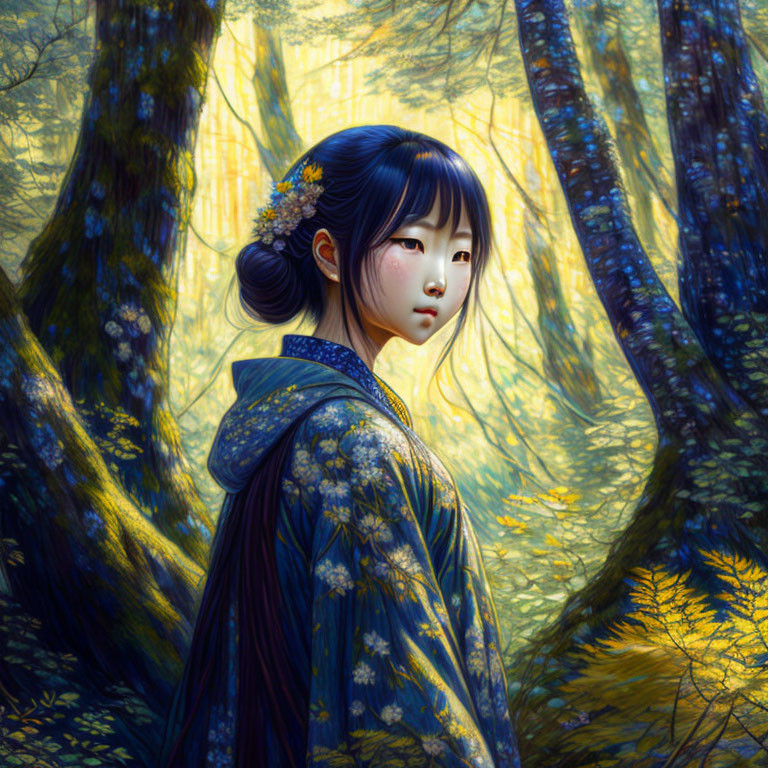 Illustration: Girl with flowers in hair in mystical forest with golden light