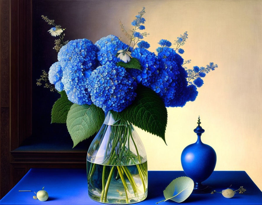 Vibrant Blue Hydrangeas and White Flowers in Clear Vase on Dark Background