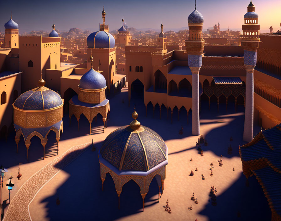 Animated cityscape at dusk with domed buildings and minarets.