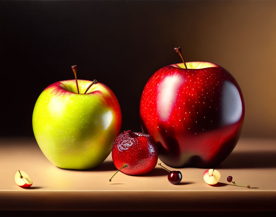 Fresh apples, cherry, and dewdrop on dark background with spotlight effect