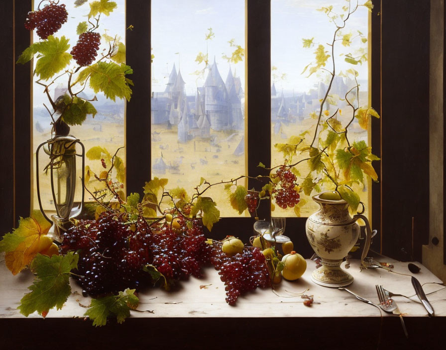 Still-life composition with grapes, leaves, vase, fruit, and castle view.