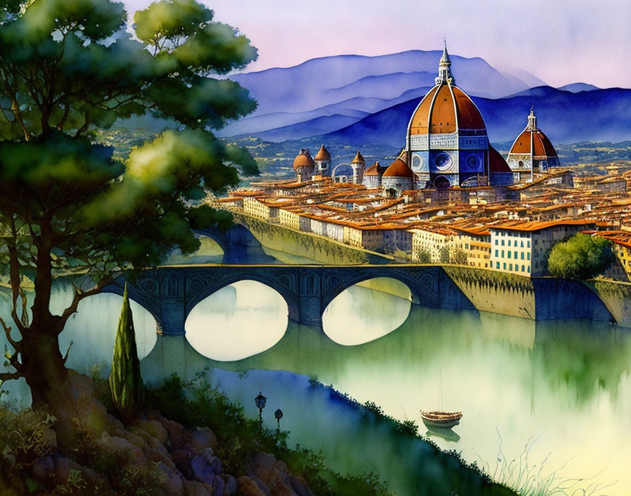 Florence skyline painting with Duomo and Ponte Vecchio landscape