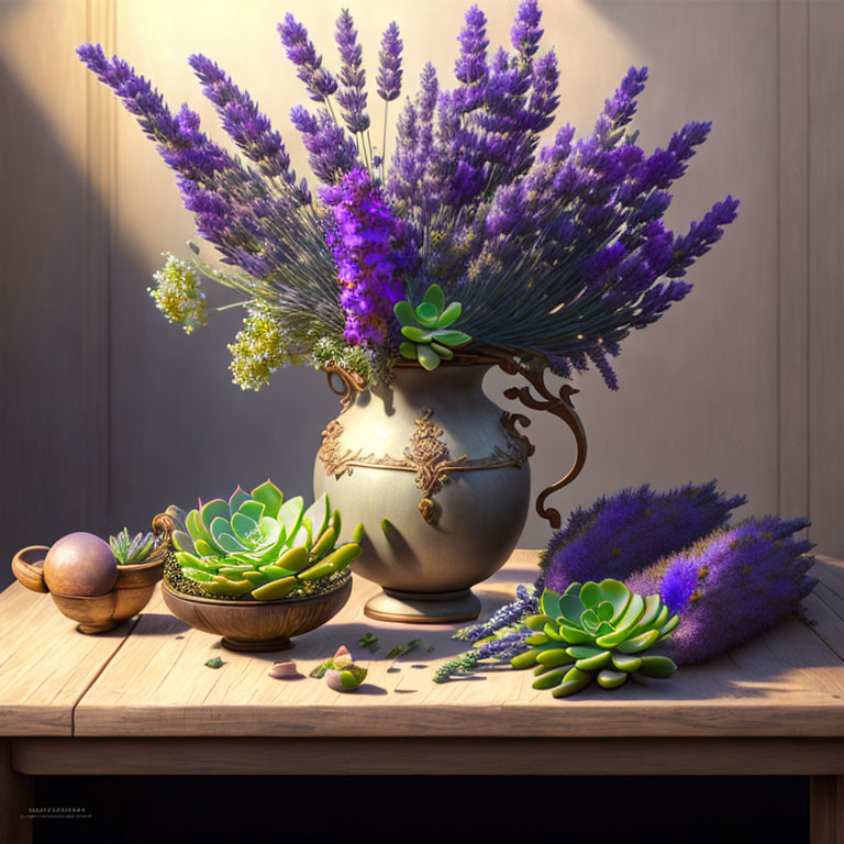 Purple lavender, succulents, eggs, and bowl on wooden table in warm light