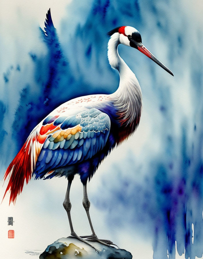 Vibrant Crane Illustration on Rock with Blue Watercolor Background