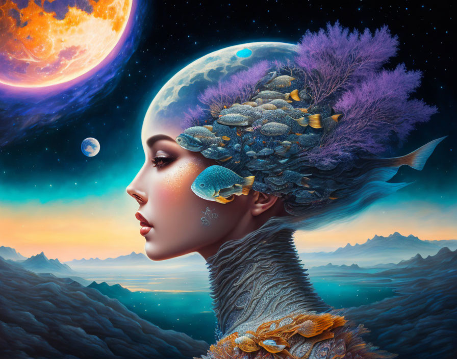 Woman's Profile with Cosmic Landscape Hair: Moon, Planets, Fish, Coral, Ocean Backdrop