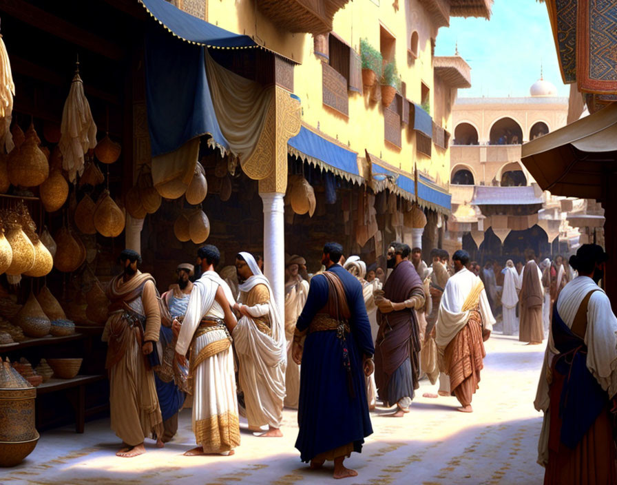 A bazaar in Al-Andalus in the morning