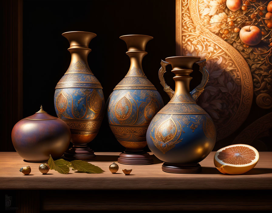 Ornate golden-blue vases with intricate patterns in elegant still life