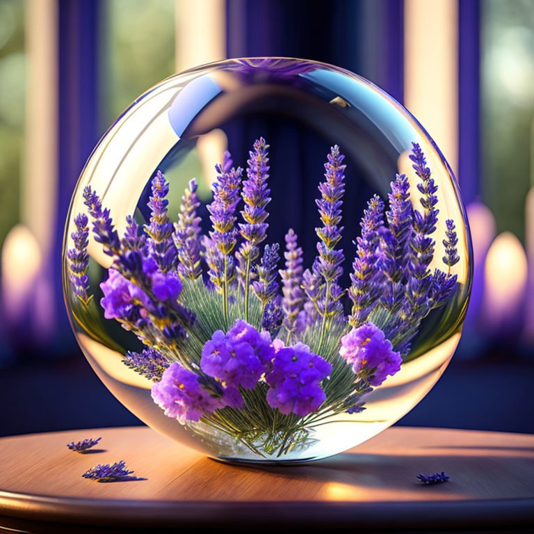 Vibrant purple lavender bouquet in crystal ball on wooden surface