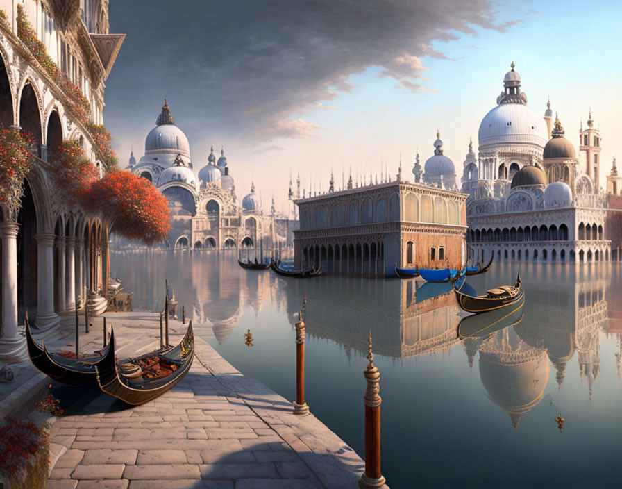 Venetian canal with gondolas and ornate buildings under clear sky