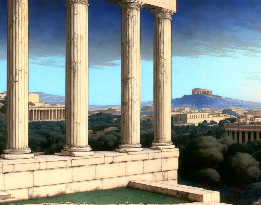Ancient Greek columns with Acropolis backdrop.