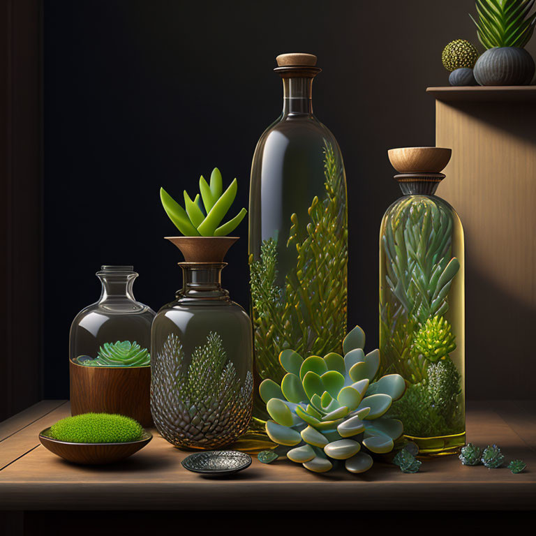 Decorative bottles with plants and succulents on wooden surface