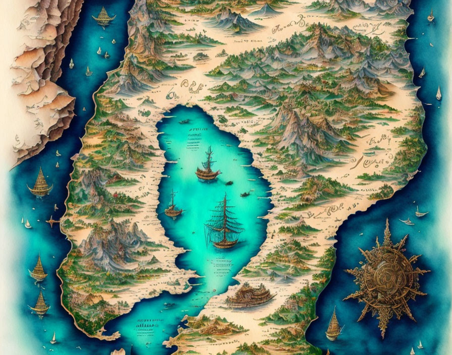 Detailed Fantasy Map of Island with Mountains, Forests, Settlements, Ships, and Compass Rose