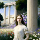 Young woman in white dress in flower field with classical pillars and statue - serene ancient atmosphere