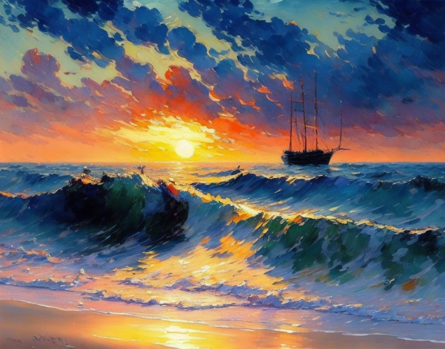 Sailboat silhouette painting at sunset with colorful sky