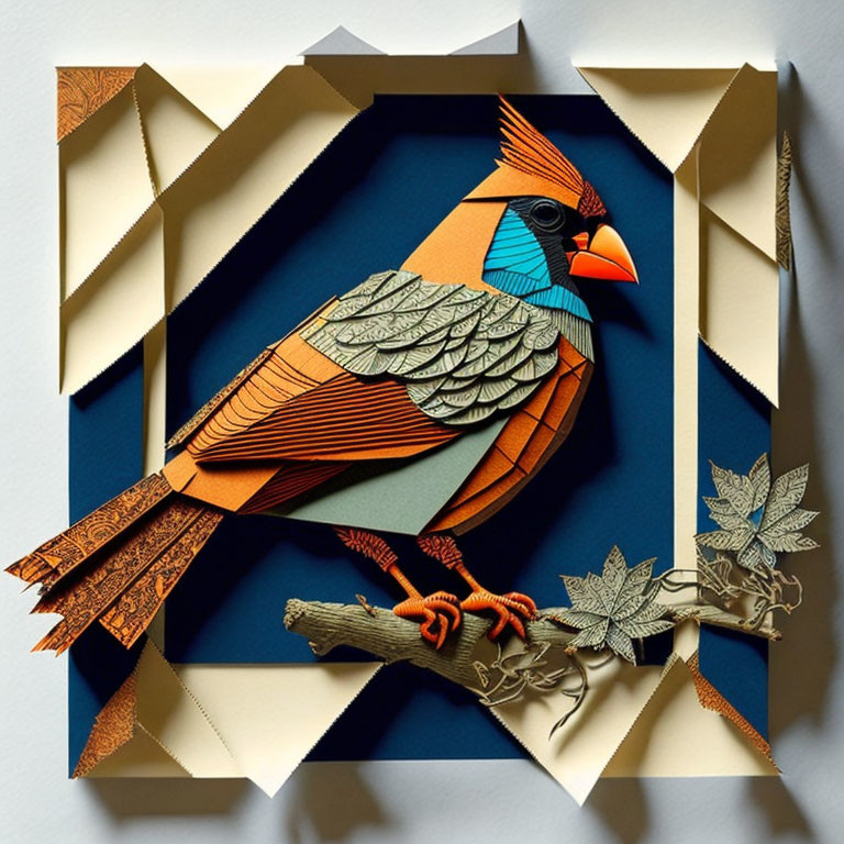 Colorful Paper Art: Stylized Bird on Branch with Geometric Patterns