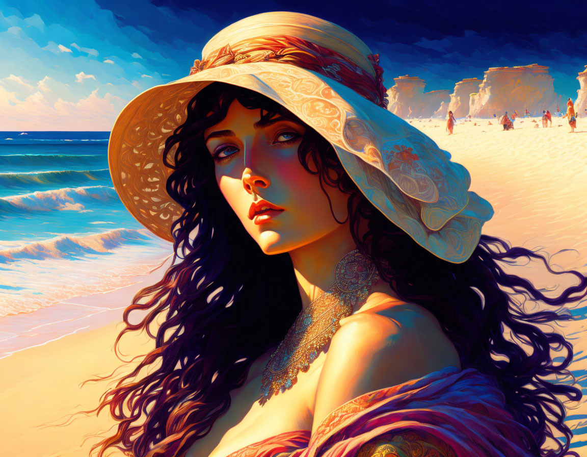 Stylized illustration of a woman with dark hair and hat on vibrant beachscape