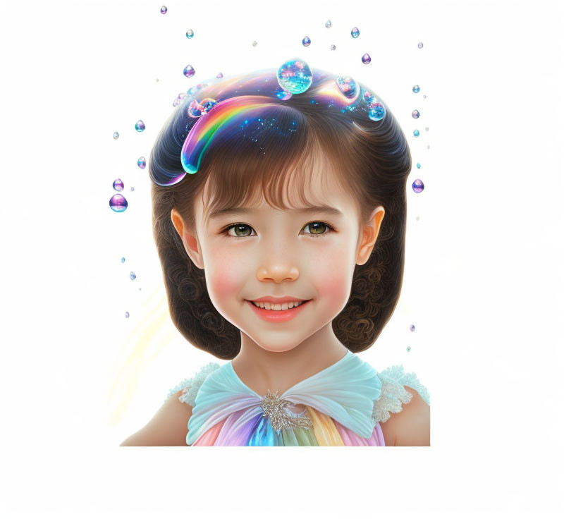 Digital illustration of smiling girl with soap bubbles and rainbow.