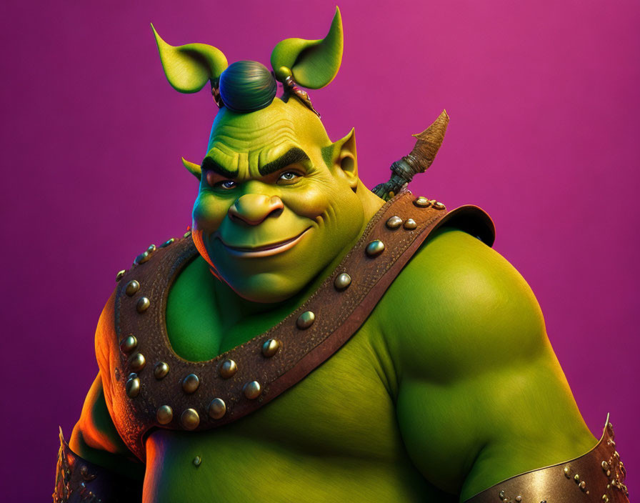 Smiling green ogre with vest on purple background