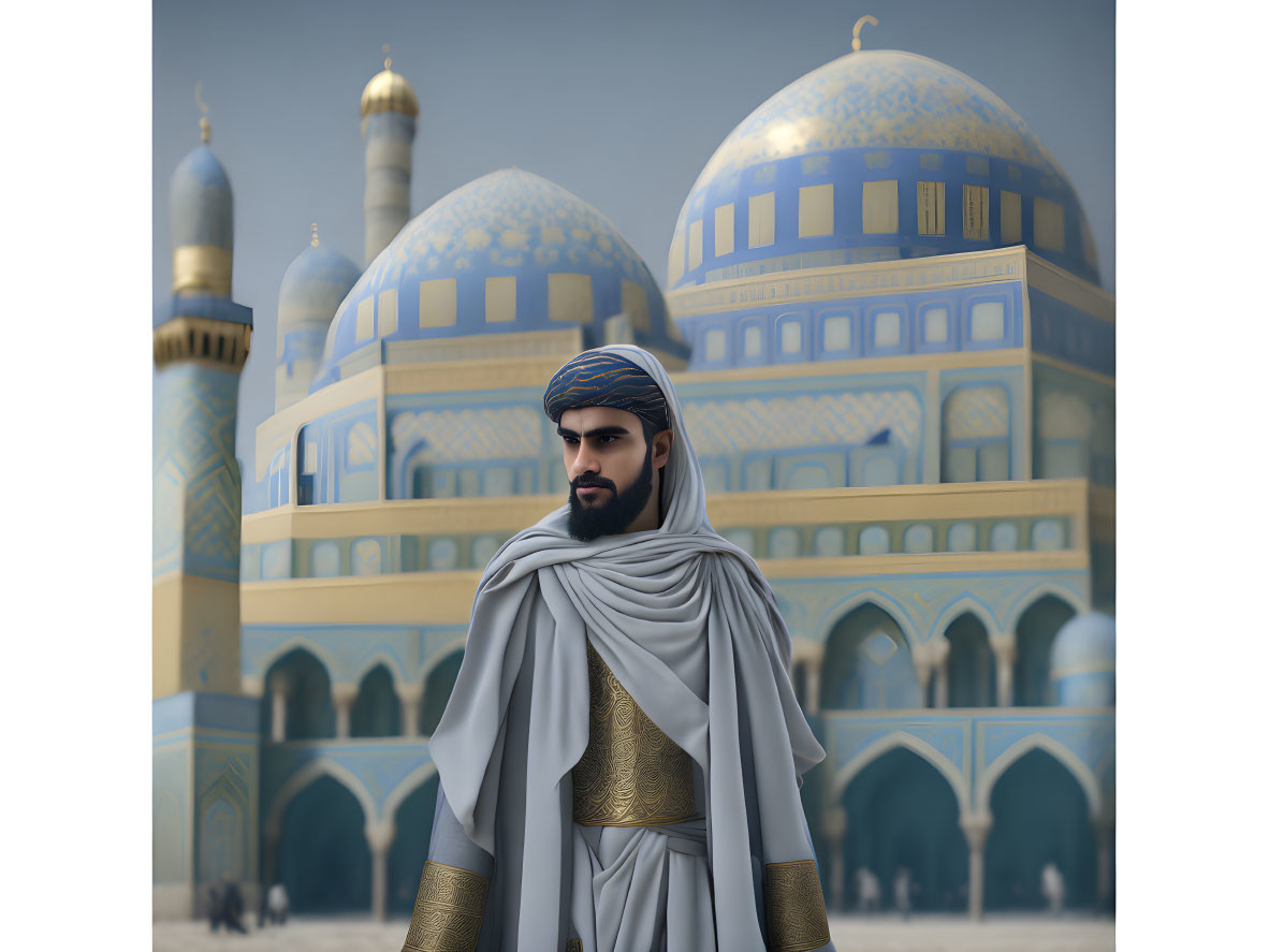 Bearded man in traditional attire near ornate mosques