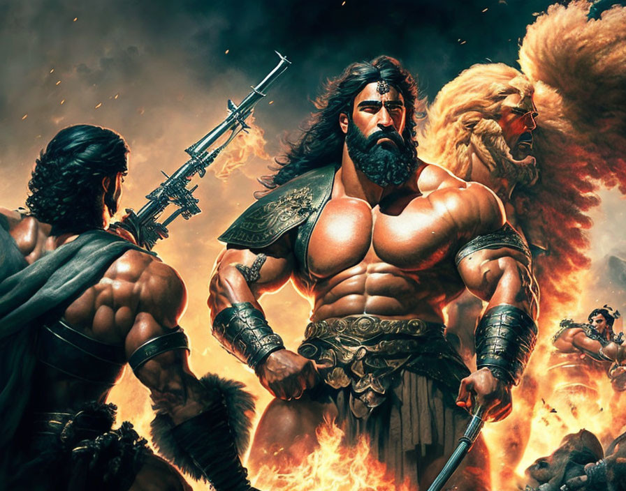 Muscular warrior with spear in fiery chaos with lion and ally in epic illustration