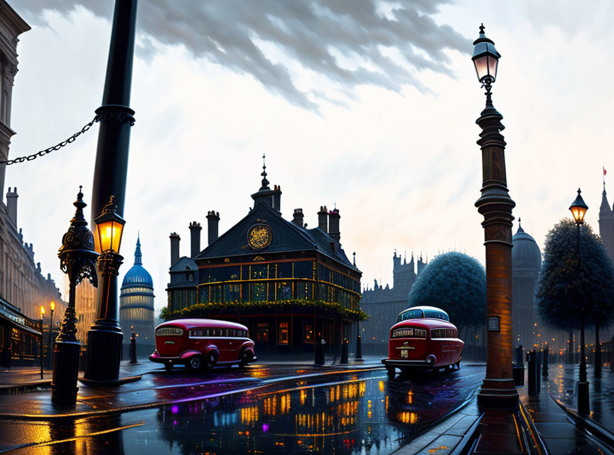 Vintage red buses on wet city street under twilight sky.