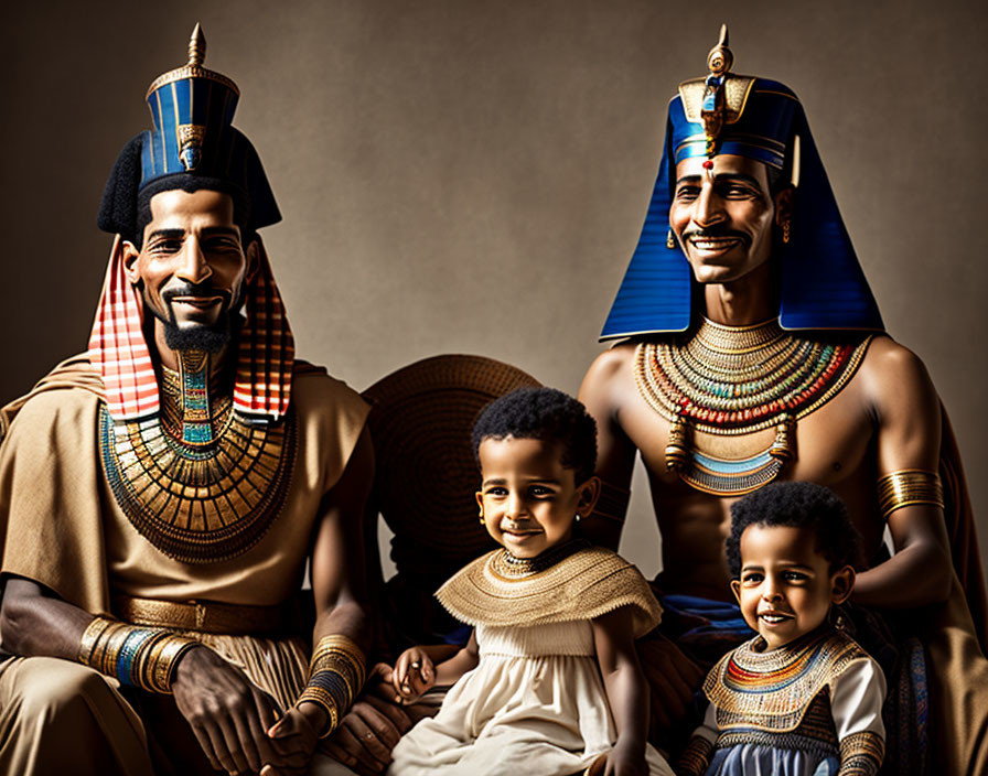 Stylized family portrait in ancient Egyptian royal attire