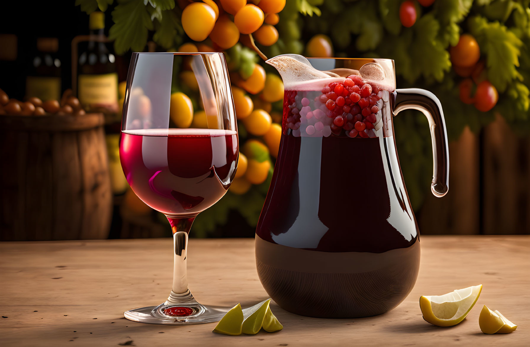 Red Wine Glass with Fruit Pitcher and Grapes on Table