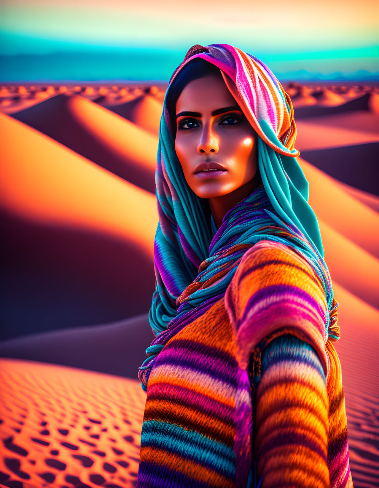 Colorfully dressed person in vibrant desert dunes at dusk