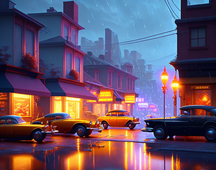 Neon-lit rainy street scene with vintage cars at dusk