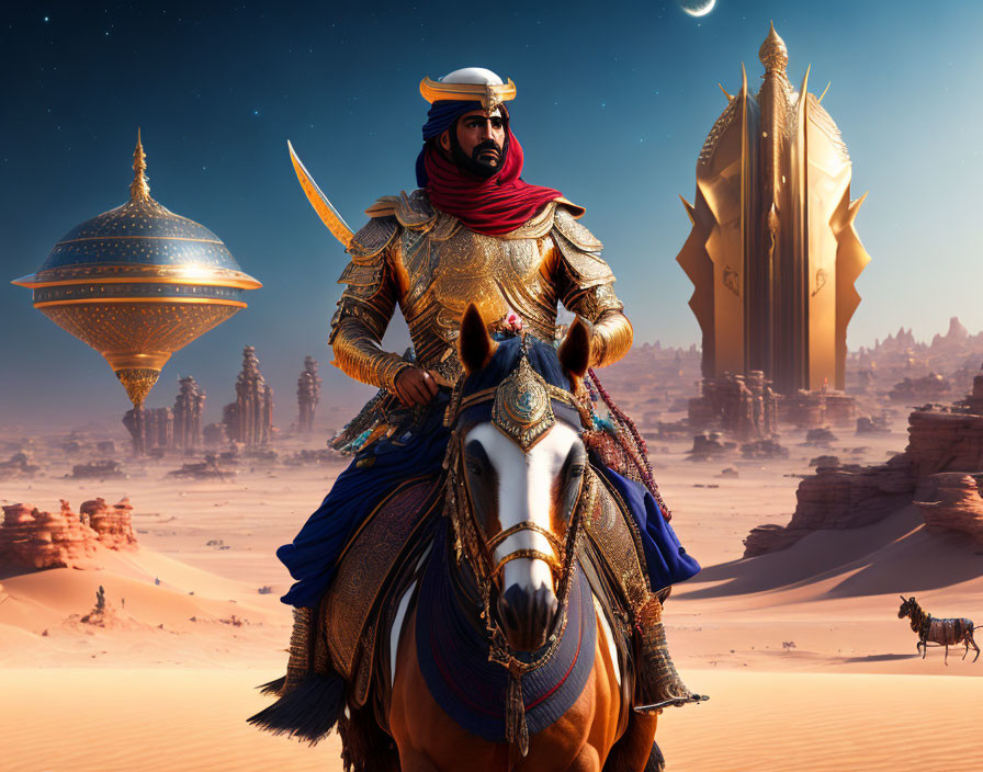 Middle Eastern-themed artwork: regal figure on white horse in desert landscape