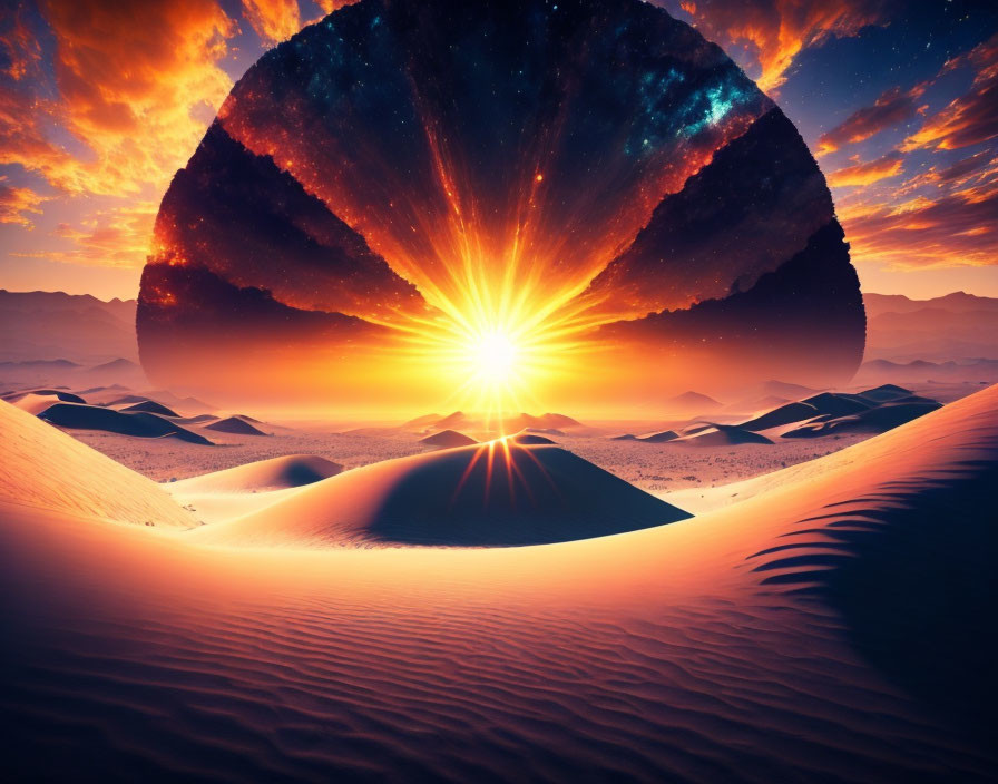 Surreal landscape with vivid sunrise, cosmic nebula, and planetary body