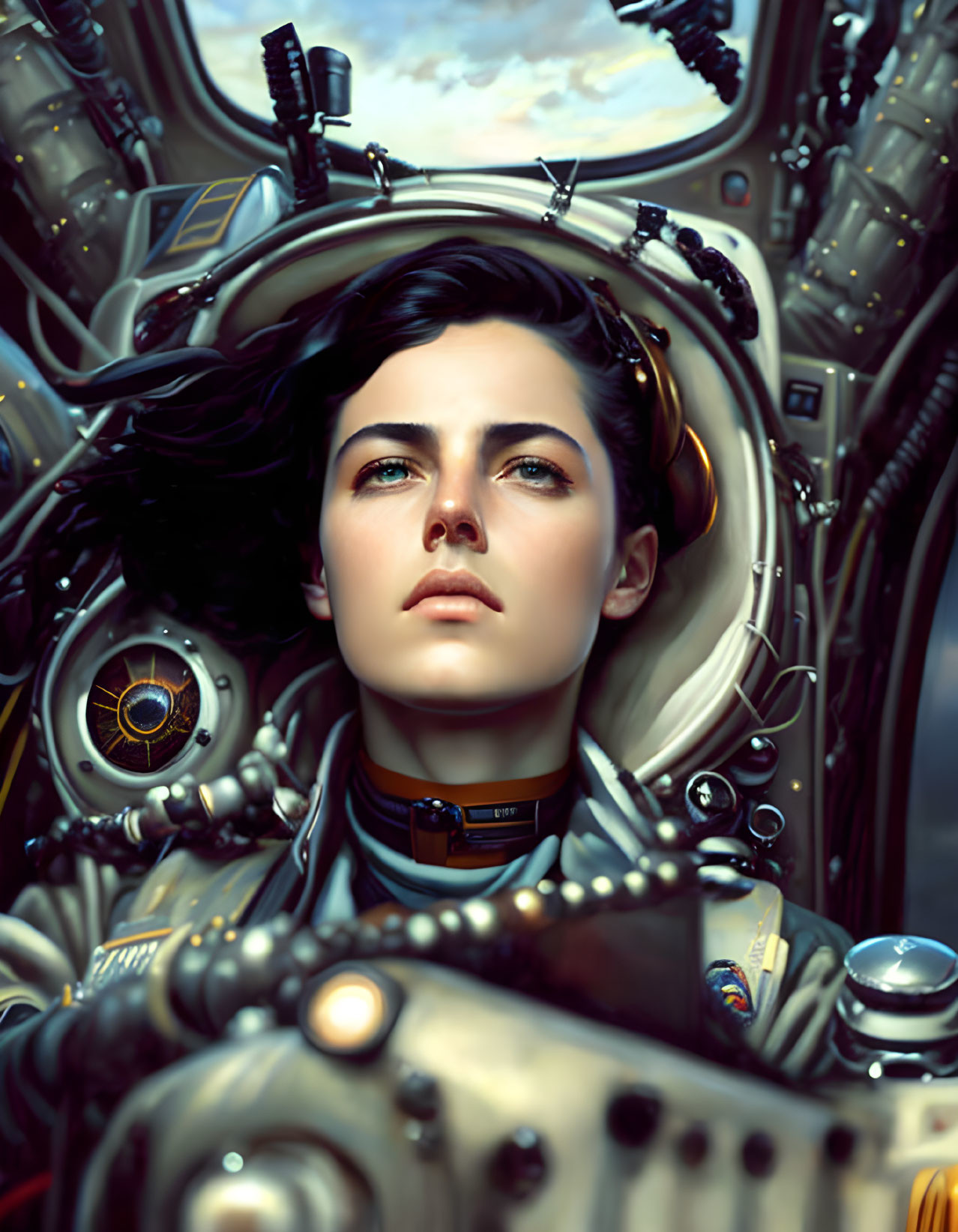 Futuristic digital illustration of a woman in a spacesuit