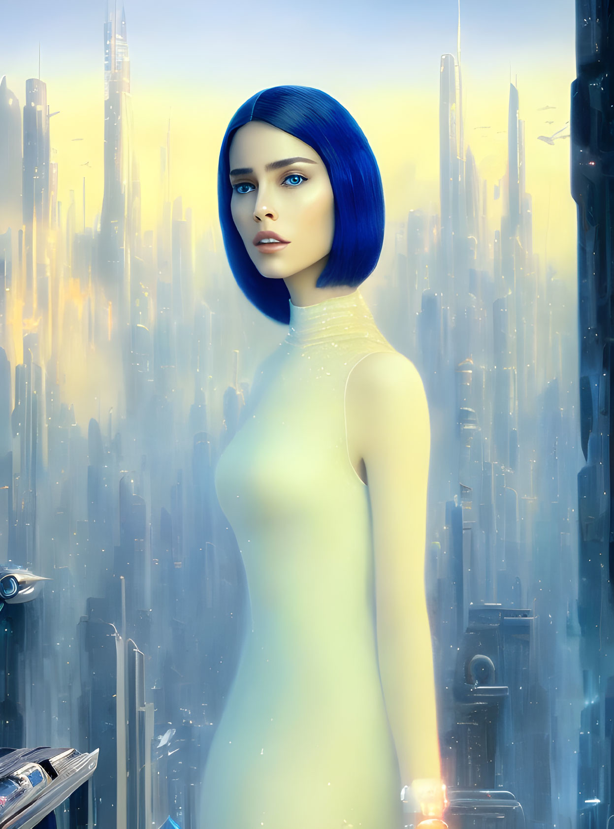 Futuristic portrait of woman with blue hair in cityscape