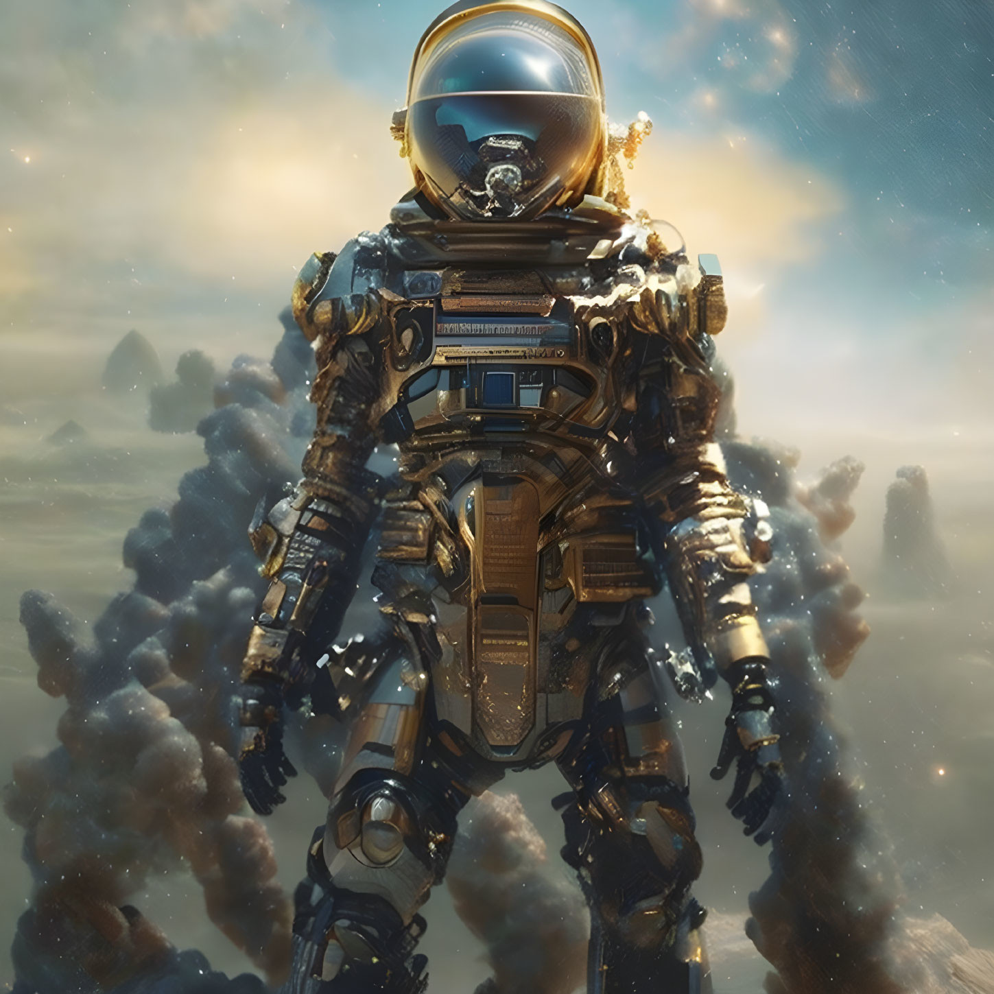 Detailed Astronaut in Reflective Helmet on Alien Landscape