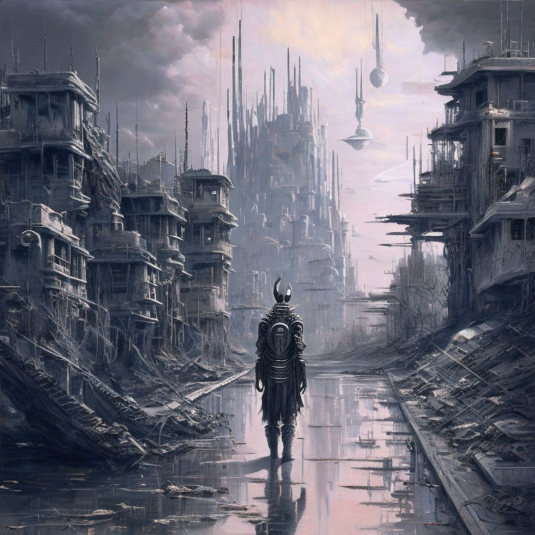 Armored figure in dystopian city with futuristic orbs