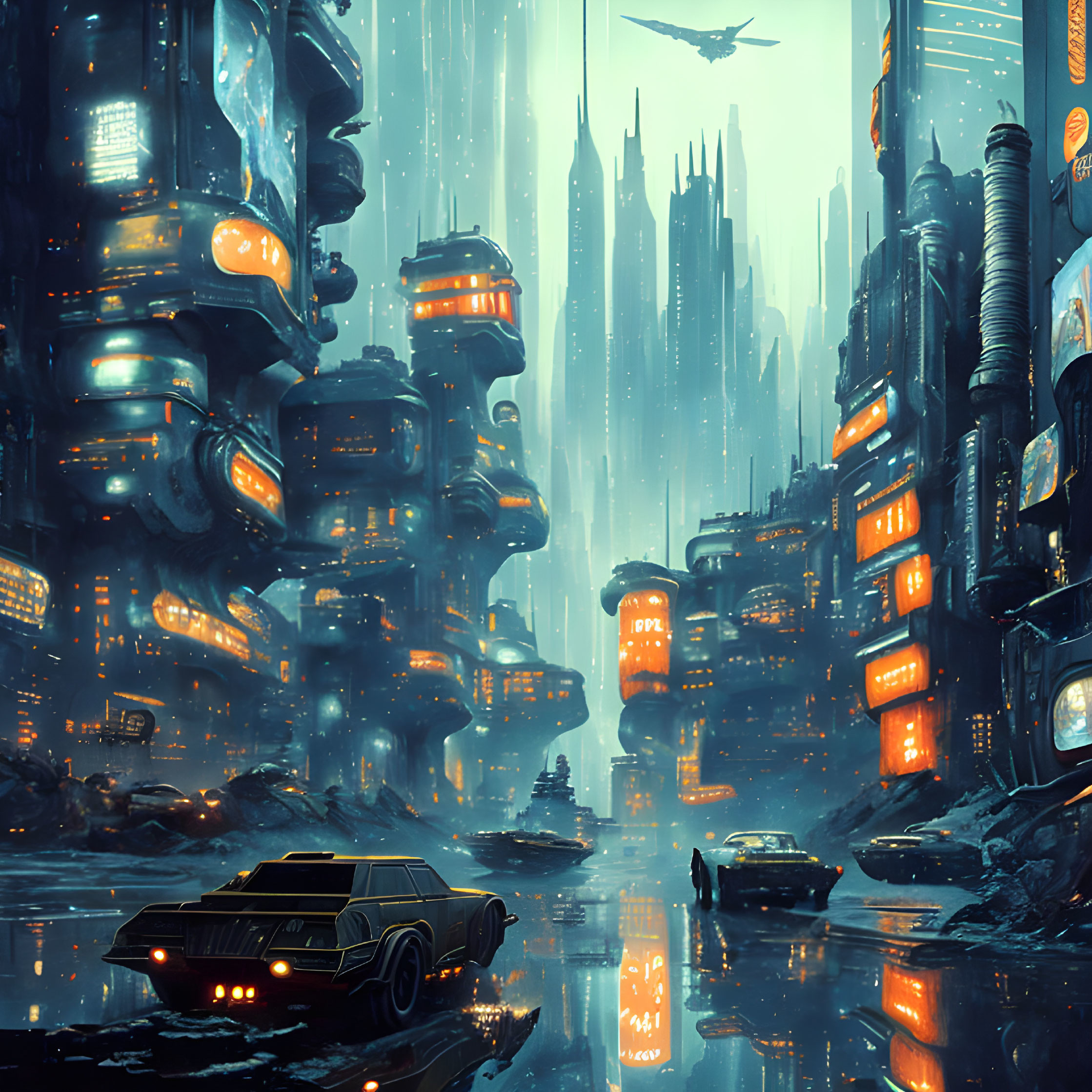 Futuristic cityscape with rain, neon lights, towering structures, flying vehicles, classic car