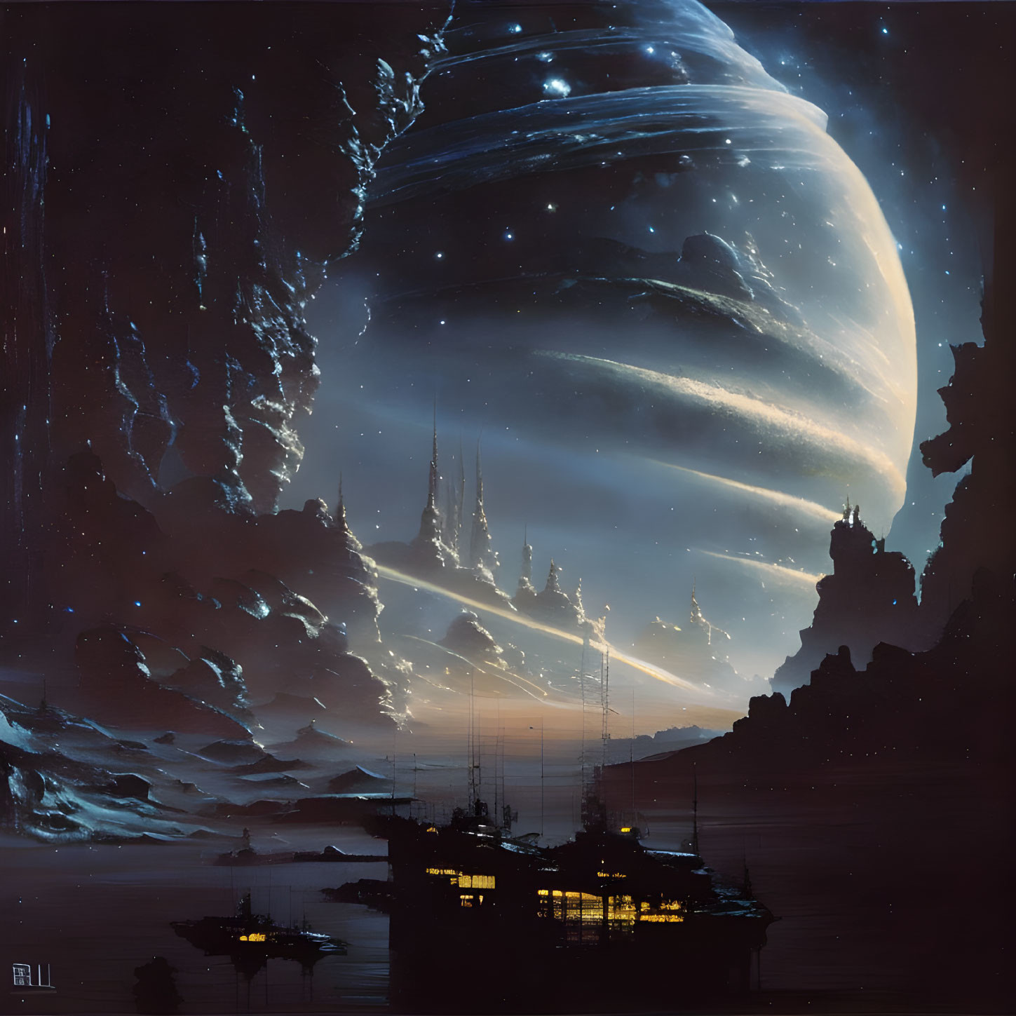 Sci-fi landscape with towering structures, planet rings, and hovering ships