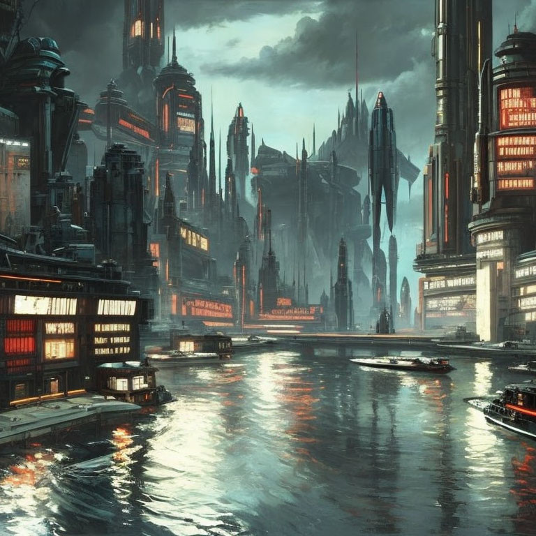 Futuristic cityscape with skyscrapers, lights, and waterways at dusk