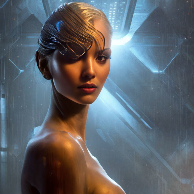 Futuristic digital art: Woman with slick hair in glowing blue sci-fi setting