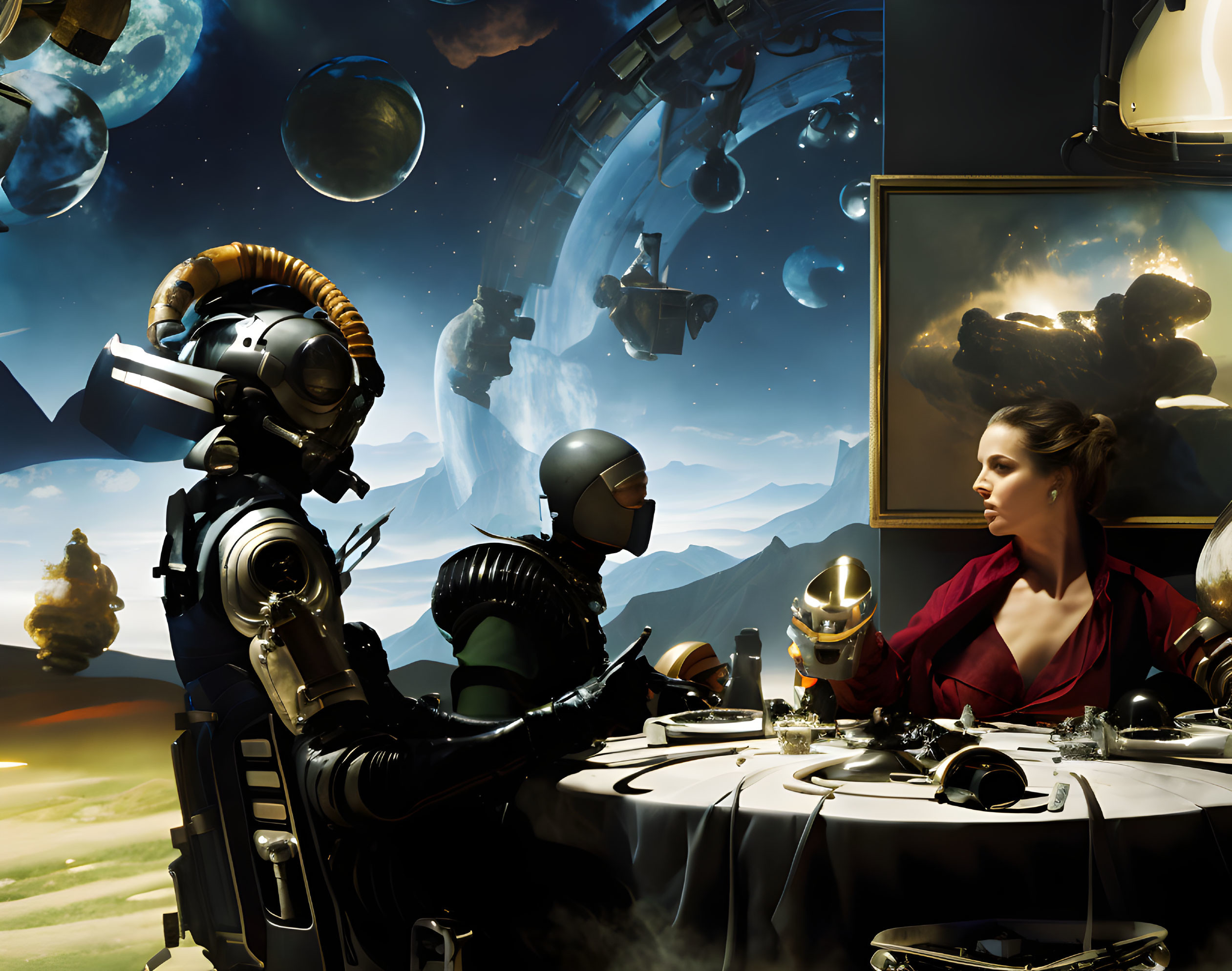 Astronaut and woman with helmets at space-themed table