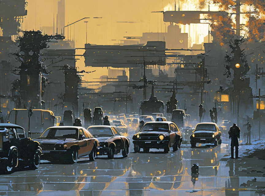 City street at sunset: Silhouetted pedestrians and vintage cars in warm golden light