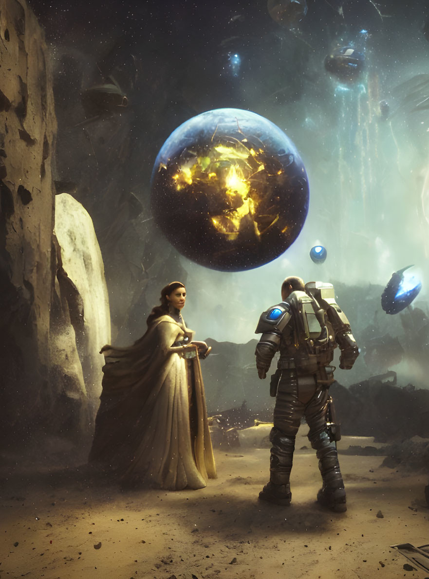 Woman in flowing robes and astronaut with glowing orb in ethereal landscape