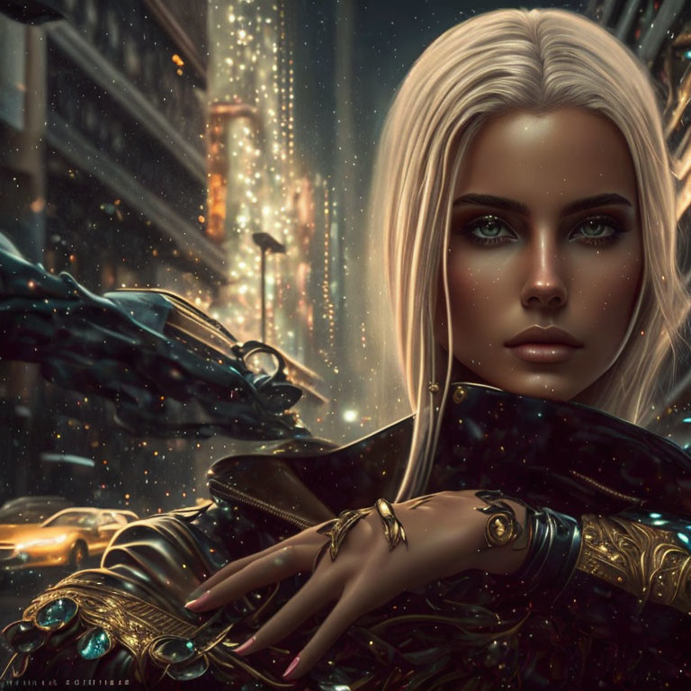 Portrait of woman with blue eyes & blonde hair in futuristic cityscape.