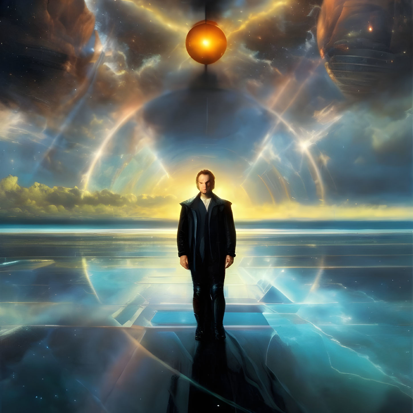 Person standing on reflective surface under glowing sphere with dramatic sky and celestial bodies.