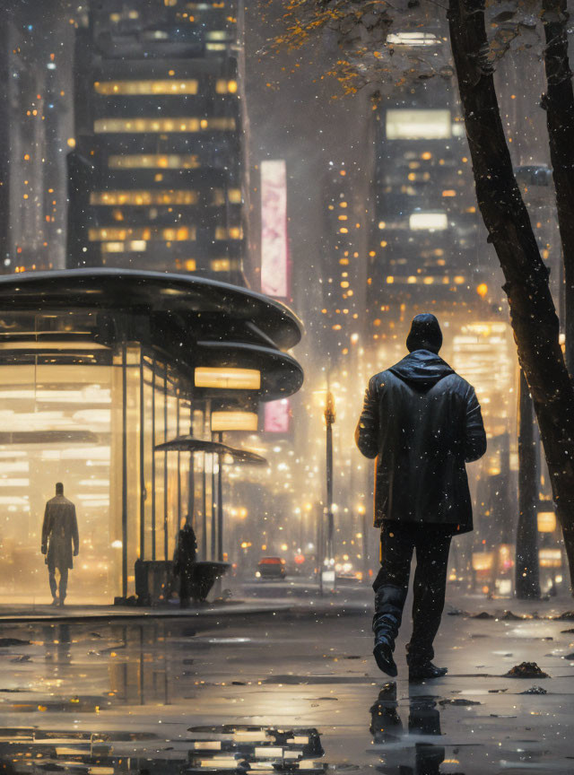 Pedestrian walking on rain-soaked city street at dusk with snowy trees and bus stop.